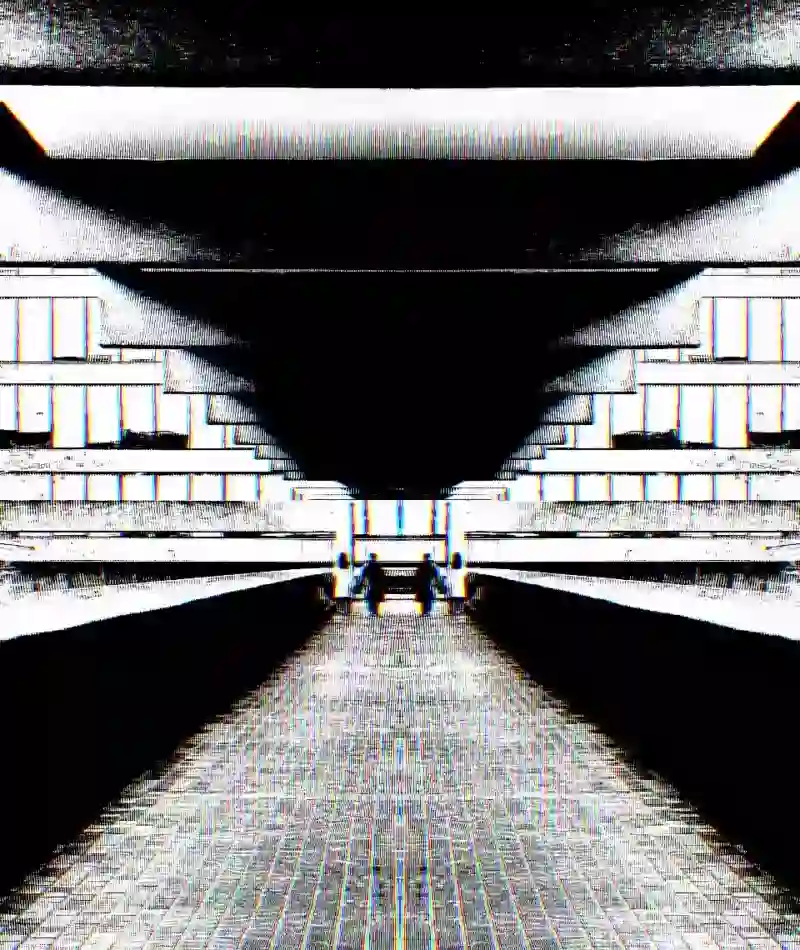 An image of an elevated walkway in the Barbican complex, which has been heavily modified with glitch effects so that the figures in the distance and deatils of the buildings are hard to make out.